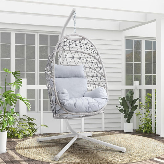 RoyalCraft Hanging Egg Chair Outdoor Swing Chair, Hammock Chair With Stand Indoor, Patio Boho Wicker Hanging Chair with Stand 350lbs Capacity for Garden, Balcony, Bedroom, Beige & Gray