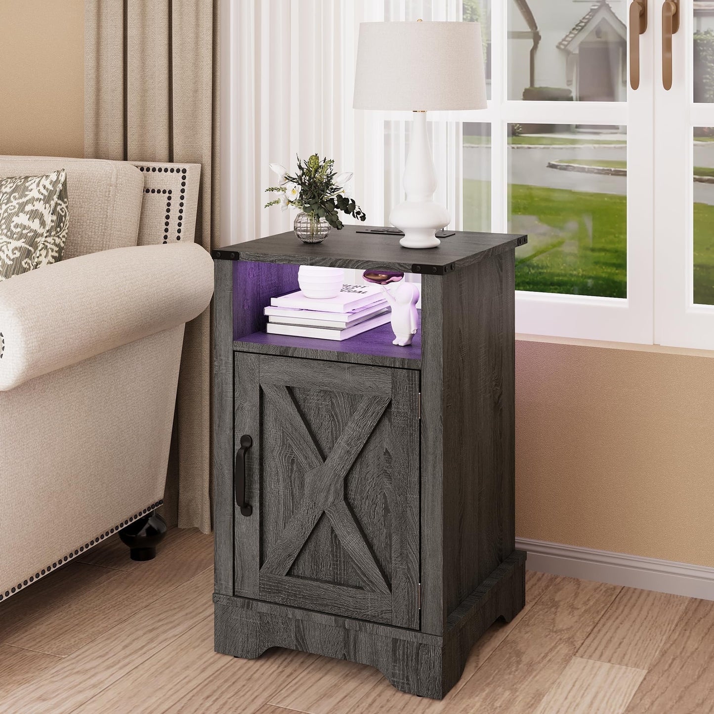 Mayincolor LED Nightstand with Charging Station, Farmhouse Wooden Side Table, Bedside Table with Storage Cabinet and Shelf, Rustic End Table for Bedroom, Living Room, Dark Gray