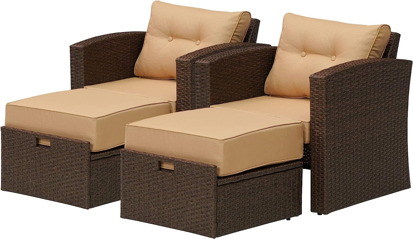 RoyalCraft Modular Collections Patio Sofa Chair with Ottoman, Outdoor Brown Rattan Lounger Sofa Chair Set with Seat and Back Cushions, Aluminum Frame