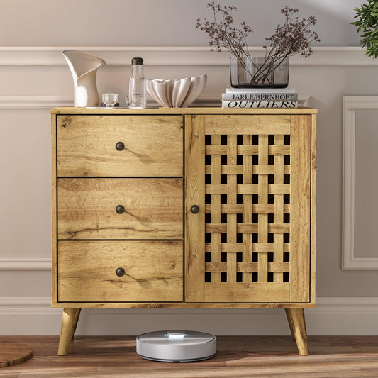 RoyalCraft Storage Cabinet with a Basket Weave Wooden Door & 3 Drawers, Coffee Bar Cabinet with Adjustable Shelves, Vintage Buffet Sideboard for Living Room, Hallway, Entryway, Dining Room