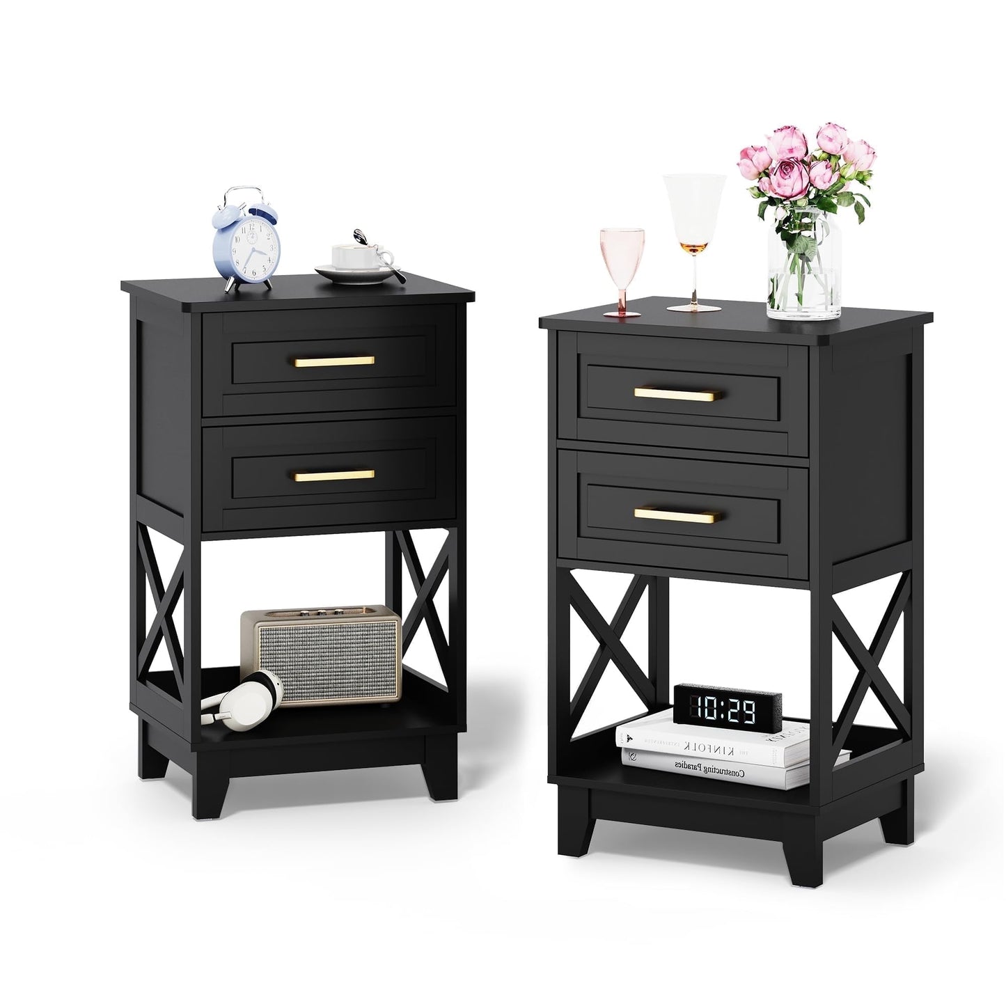 RoyalCraft Tall Nightstand Set of 2, Side Table with 2 Drawers and Open Shelf Below, Bedside Table with Solid Feet, Modern Night Stand End Table for Bedroom, Living Room, Home Office, Black