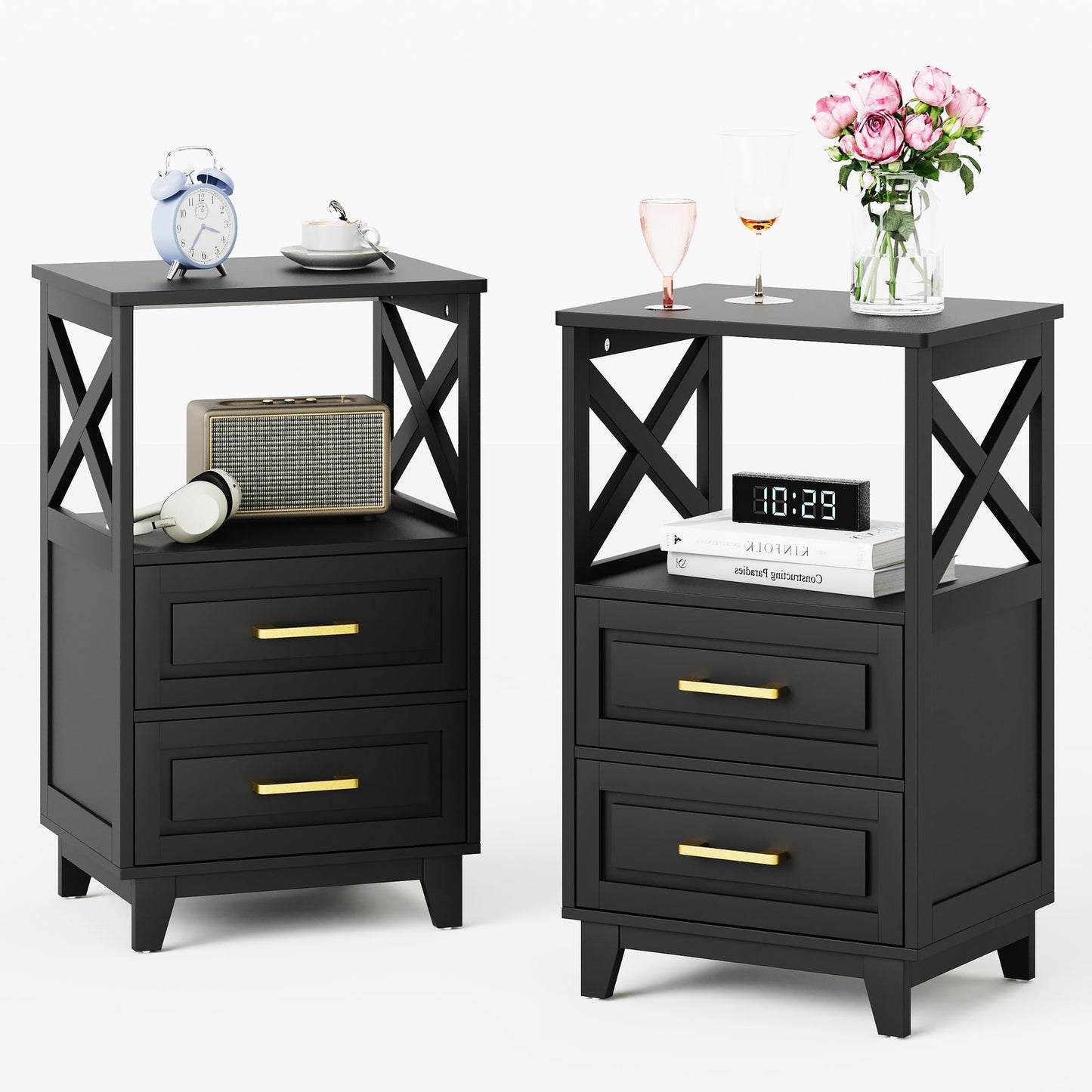 RoyalCraft Tall Nightstand Set of 2, Side Table with 2 Drawers and Open Shelf on Top, Bedside Table with Solid Feet, Modern Night Stand End Table for Bedroom, Living Room, Home Office, Black