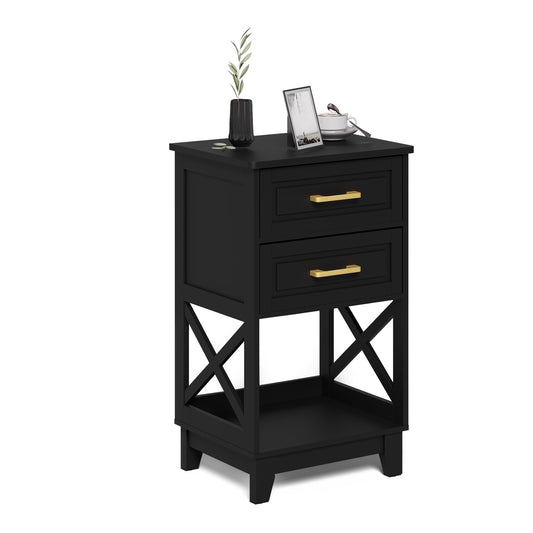 RoyalCraft Tall Nightstand, Side Table with 2 Drawers and Open Shelf Below, Bedside Table with Solid Feet, Modern Night Stand End Table for Bedroom, Living Room, Home Office, Black