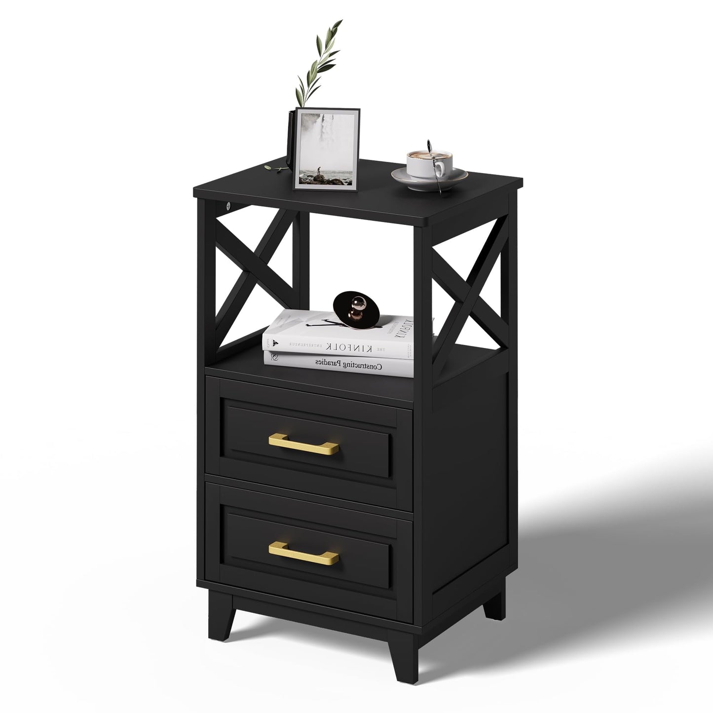 RoyalCraft Tall Nightstand, Side Table with 2 Drawers and Open Shelf on Top, Bedside Table with Solid Feet, Modern Night Stand End Table for Bedroom, Living Room, Home Office, Black