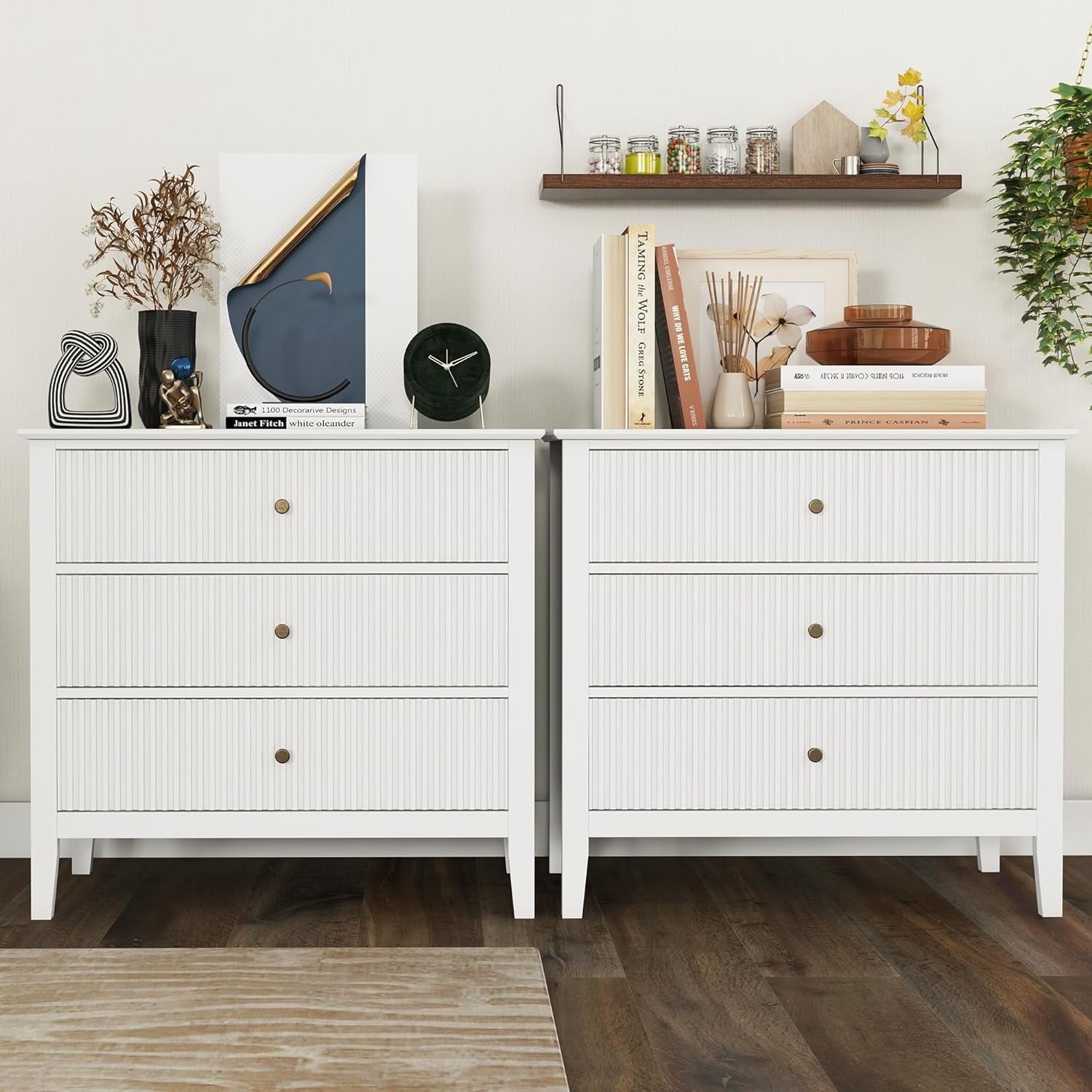 RoyalCraft White 3 Drawer Dresser Set of 2 with Fluted Panel, Modern