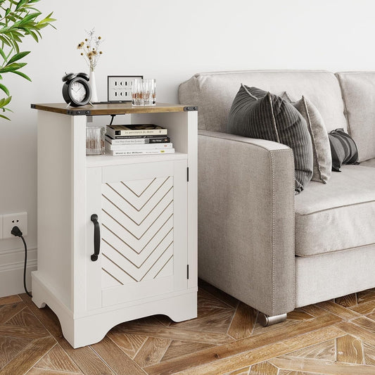 RoyalCraft White Nightstand with Charging Station, Farmhouse Bedside Table with Herringbone Design, Wooden Rustic End Table with Large Storage Room & Shelf for Bedroom, Living Room