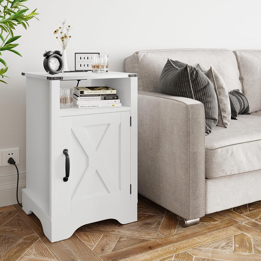 RoyalCraft White Nightstand with Charging Station, Farmhouse Bedside Table with X-Shaped Design,Wooden Rustic End Table with Large Storage Room and Shelf for Bedroom, Living Room, Solid White