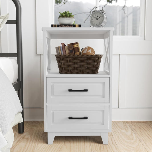 RoyalCraft White Nightstand, Farmhouse Side Table with Storage Drawers and Open Shelf, Wooden Rustic End Table Cabinet for Bedroom, Living Room nightstand