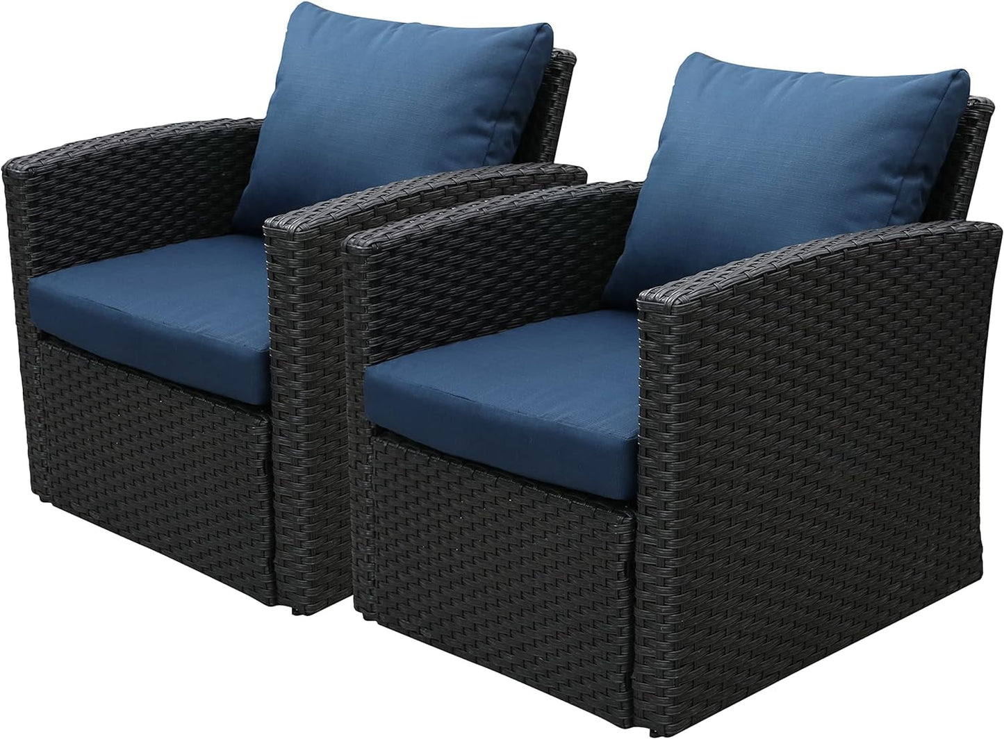 Royalcaft 2 Piece Outdoor Patio Wicker Armchairs, All Weather Outside Rattan Chair Patio Furniture Set with Blue Cushions