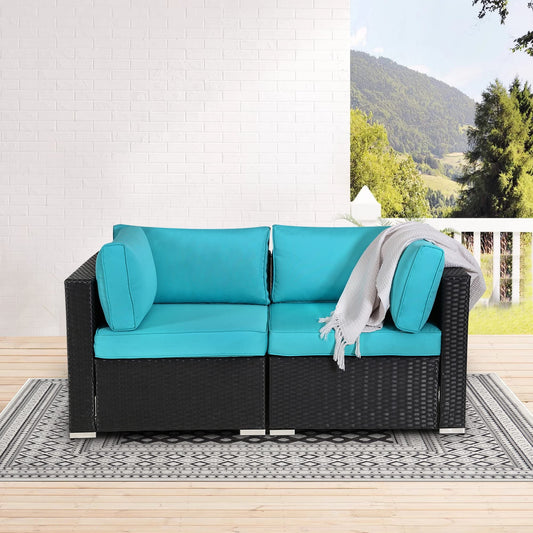 Royalcraft 2 Pieces PE Black Wicker Outdoor Furniture,Patio Sofa Sets Outdoor Rattan Conversation Furniture Set with Table and Blue Cushions