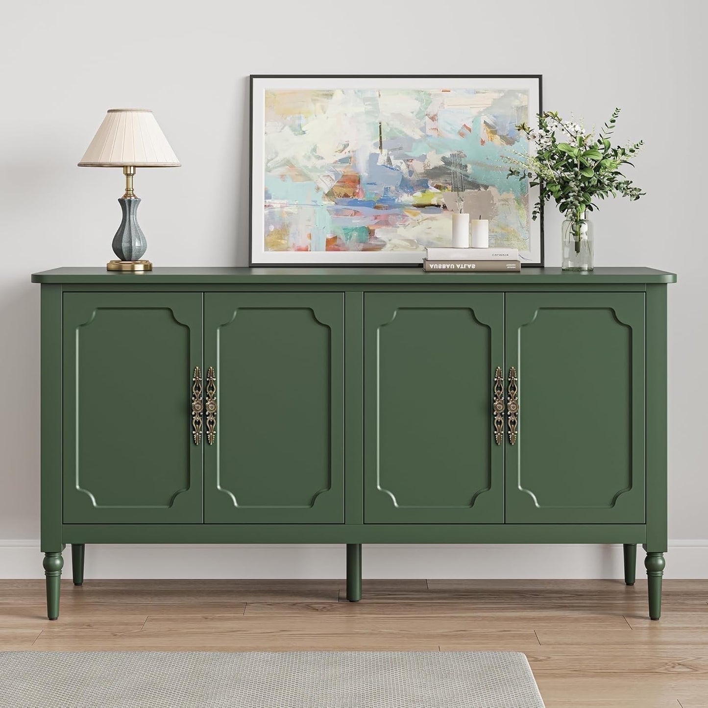 May in Color Console Cabinet, 58'' Wood Sideboard Buffet Cabinet with Storage & 4 Doors, Mid Century Modern Pantry Cabinet for Entryway, Living Room, Bedroom, Dining Room, Green