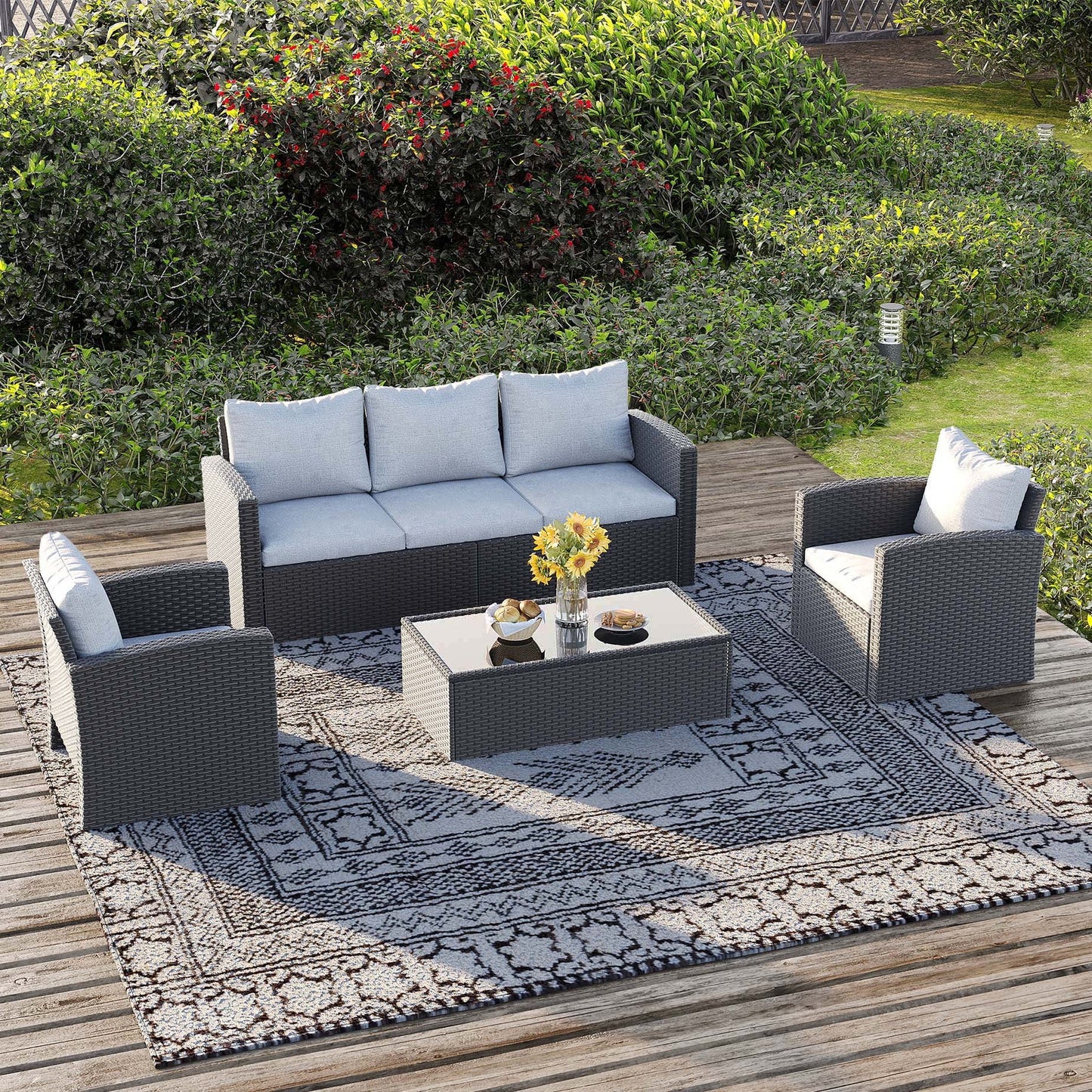 Royalcraft 4 Pieces Patio Furniture Set, All Weather PE Wicker Rattan Outdoor Sectional Sofa with Storage Box and Cushion, Outdoor Furniture for Lawn Backyard Poolside Porch