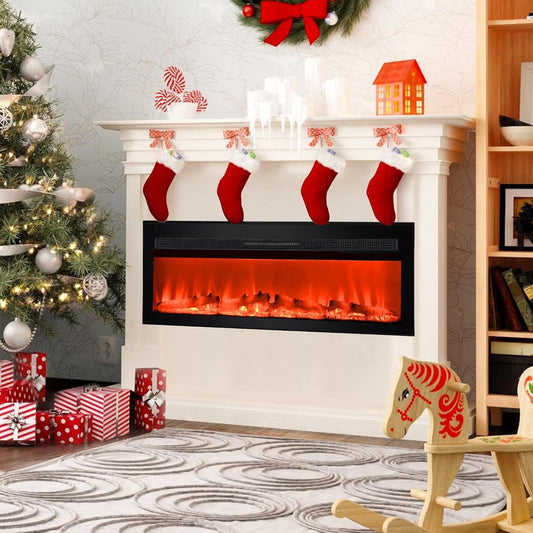 Royalcraft 50 Inch Recessed and Wall Mounted Electric Fireplace, Low Noise Fireplace Heater with 20 Multicolor Flames and 8h Timer, 1400W Heater with Touch Screen and Remote Control, Black