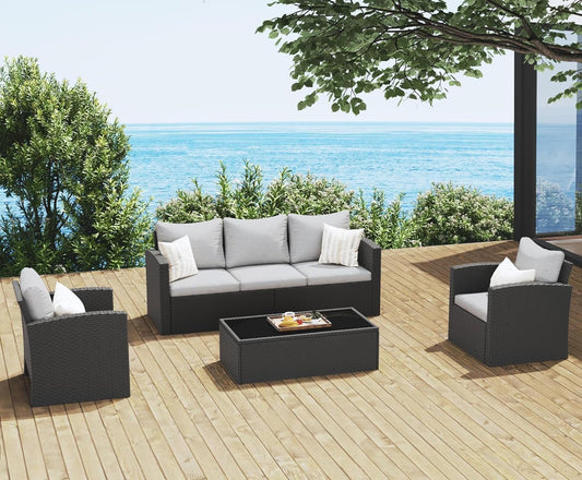 Royalcraft 6 Piece Patio Furniture Set, Wicker Outdoor Sectional Sofa, Rattan Conversation Set with Tempered Glass Coffee Table, Water-Resistant Cushions for Porch, Backyard, Garden, Grey