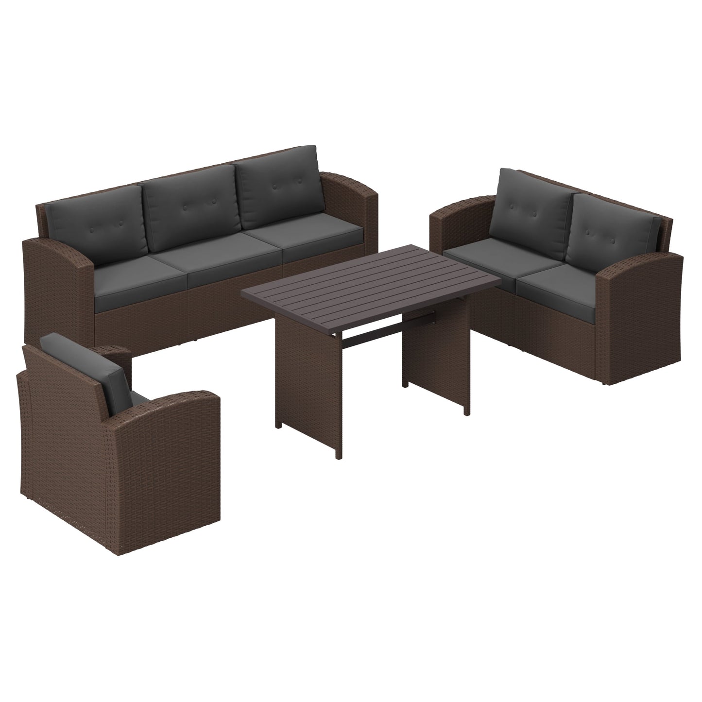 Royalcraft 7-Piece Patio Furniture with Waterproof Outdoor Coffee Table, Ergonomic Design, Lightweight Aluminum Frame, All-Weather Wicker Rattan, Non-Slip Cushions, Brown Wicker and Dark Grey Cushion