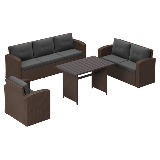 Royalcraft 7-Piece Patio Furniture with Waterproof Outdoor Coffee Table, Ergonomic Design, Lightweight Aluminum Frame, All-Weather Wicker Rattan, Non-Slip Cushions, Brown Wicker and Dark Grey Cushion