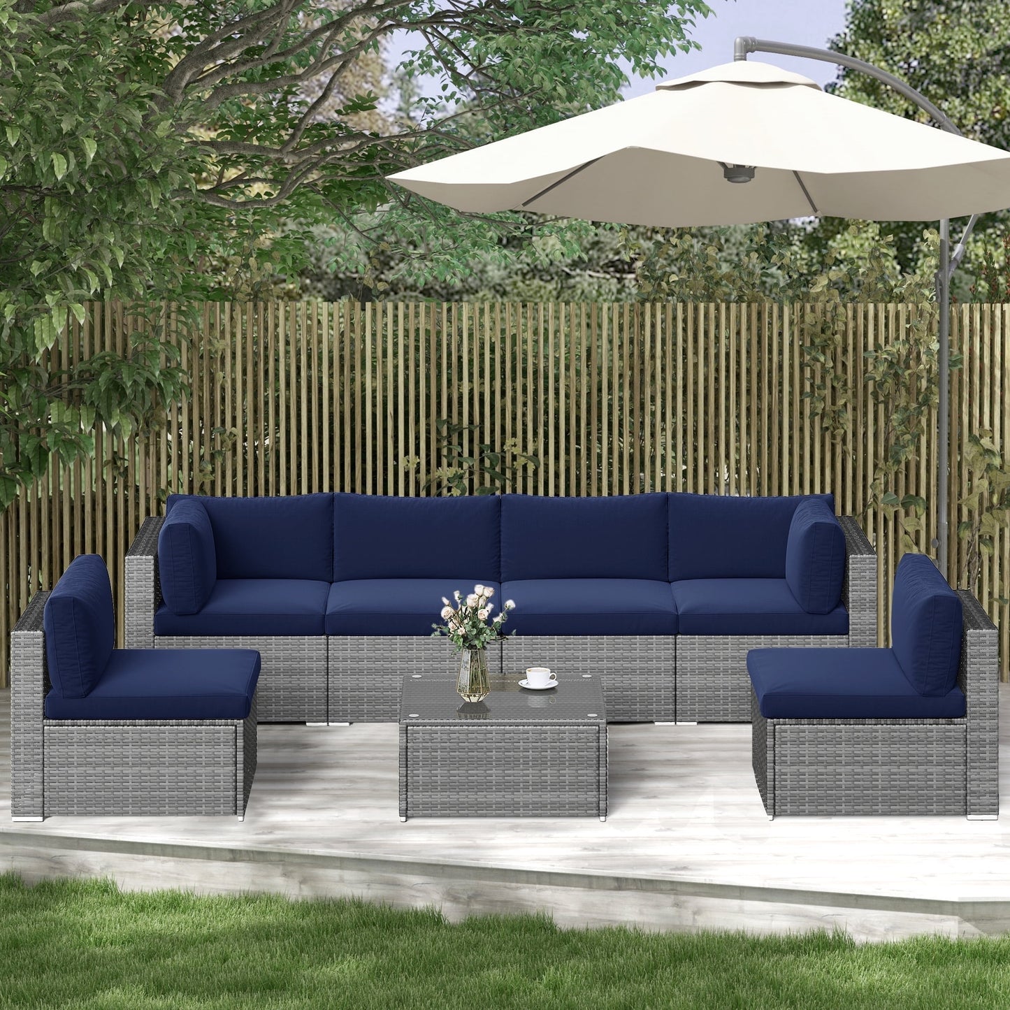 Royalcraft 7 Pieces Outdoor Conversation Set, All-Weather Wicker Rattan Sectional Sofa Set with Cushions & Coffee Table, Blue