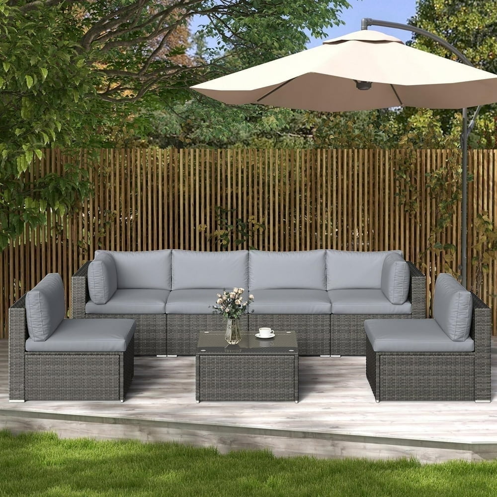 Royalcraft 7 Pieces Patio Conversation Sets, All-Weather PE Grey Wicker Outdoor Rattan Sectional Sofa, Patio Sofa Couch with Table and Grey Cushions