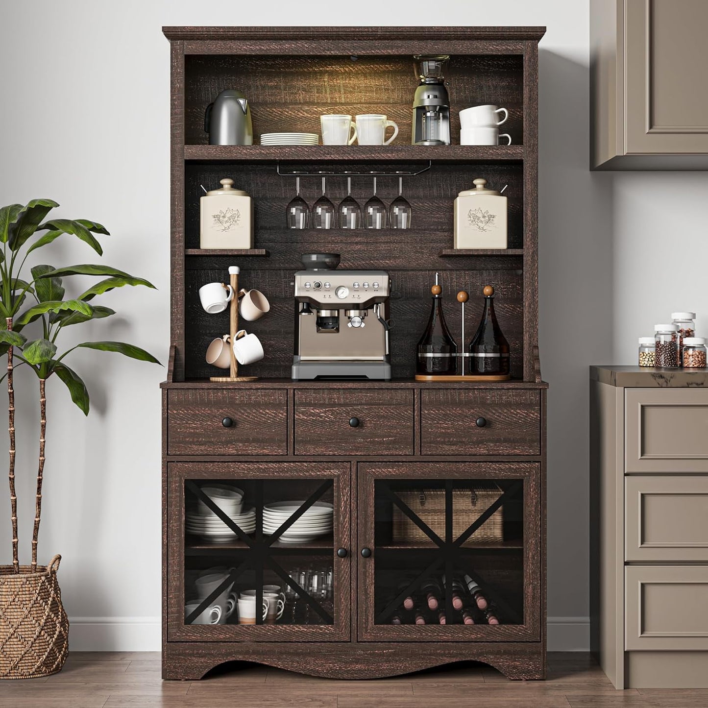 Royalcraft 71'' Tall Farmhouse Bar Cabinet, Retro Buffet Cabinet with Charge Station & LED Lights, Liquor Cabinet Bar with Wine Bottle Rack & Glass Doors for Kitchen, Dining Room, Living Room, Brown
