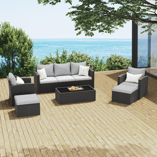 Royalcraft 8 Pieces Patio Furniture Set, All Weather PE Wicker Rattan Outdoor Sectional Sofa with Storage Box and Cushion, Outdoor Furniture for Lawn Backyard Poolside Porch