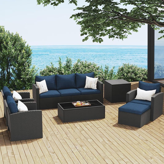 Royalcraft 9 Pieces Patio Furniture Set, All Weather PE Wicker Rattan Outdoor Sectional Sofa with Coffee Table and Navy Blue Cushion, Outdoor Furniture for Lawn Backyard Poolside Porch
