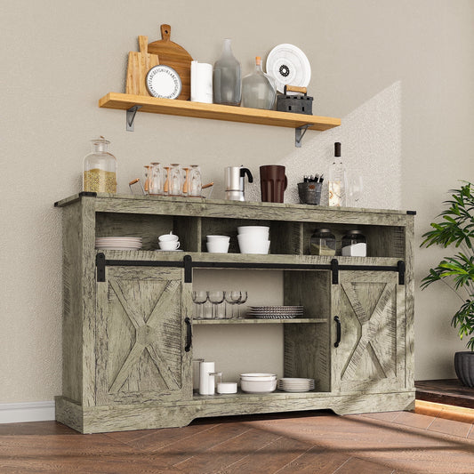 Mayincolor Farmhouse TV Stand for 65''+ Inch TV, 34'' Tall Entertainment Center, Rustic TV Console with Sliding Bar Door for Living Room (Light Grey)