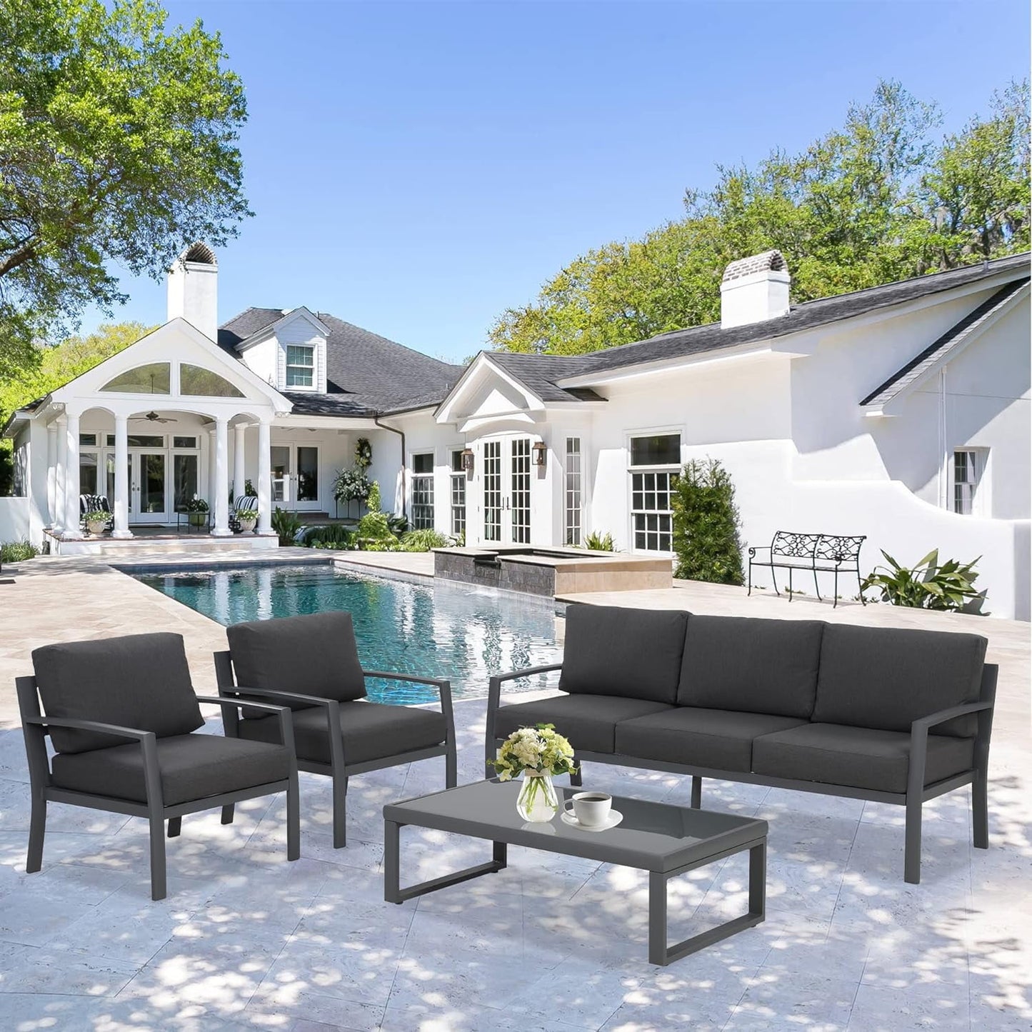 Royalcraft Aluminum Patio Furniture, Outdoor Metal Patio Furniture Conversation Set with Coffee Table, Outside Patio Sofa Sets with Cushion for Balcony Backyard Garden, Beige