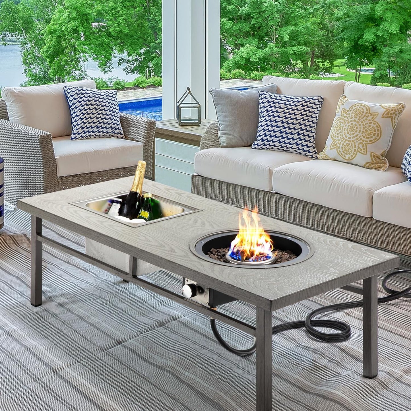 Royalcraft Aluminum Propane Fire Pit Table, 47" 50,000 BTU Multifunctional Fire Table with CSA Certification, 4.5 Gallons Ice Bucket, and Lava Rocks, 3-in-1 Coffee Table for Outdoor Patio, Grey