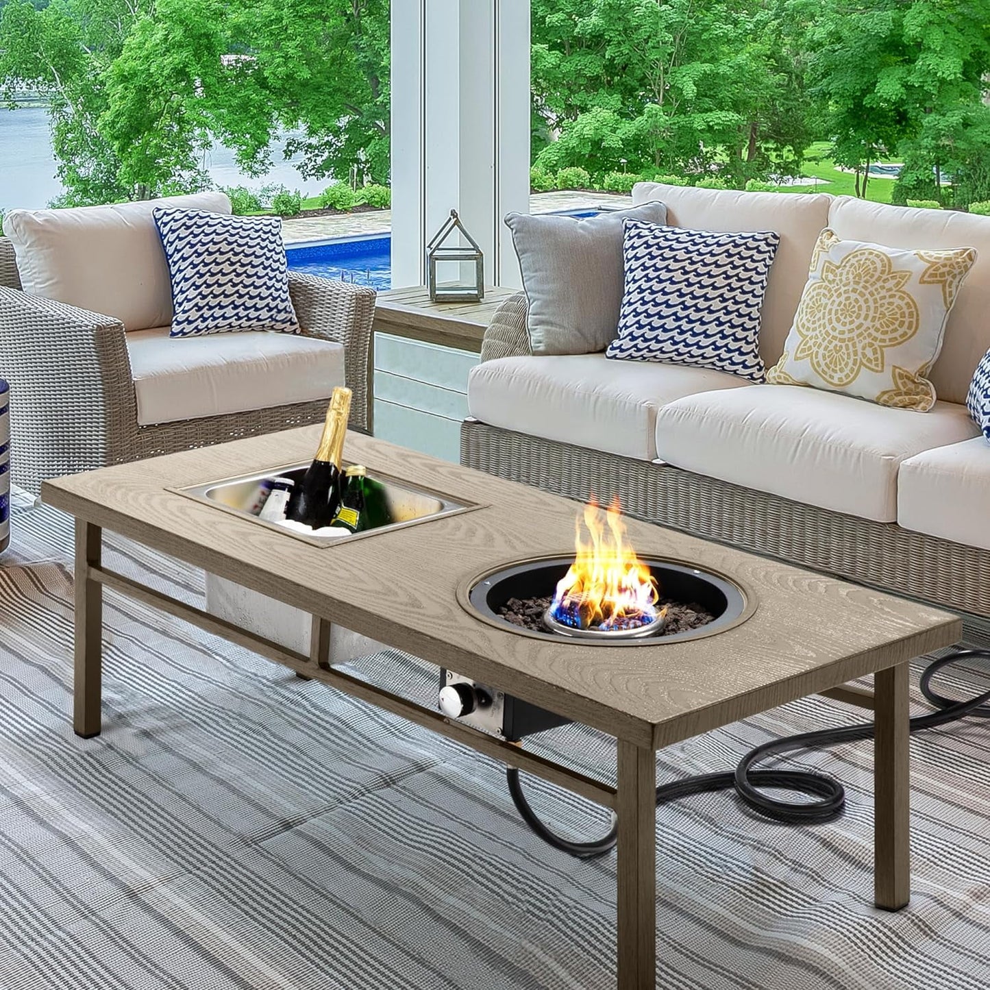 Royalcraft Aluminum Propane Fire Pit Table, 47" 50,000 BTU Multifunctional Fire Table with CSA Certification, 4.5 Gallons Ice Bucket, and Lava Rocks, 3-in-1 Coffee Table for Outdoor Patio, Grey
