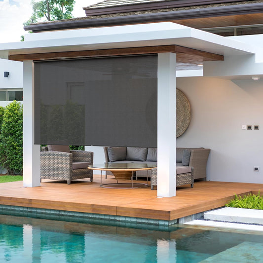 Royalcraft Cordless Outdoor Roller Sun Shade with Pole，6'Wx6'H 420GSM 95% Blockout Waterproof Outdoor Blinds Roll Up for Gazebo Porch, Deck, Pergola,Black