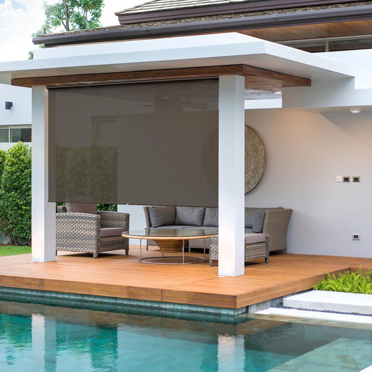 Royalcraft Cordless Outdoor Roller Sun Shade with Pole，6'Wx6'H 420GSM 95% Blockout Waterproof Outdoor Blinds Roll Up for Gazebo Porch, Deck, Pergola,Brown
