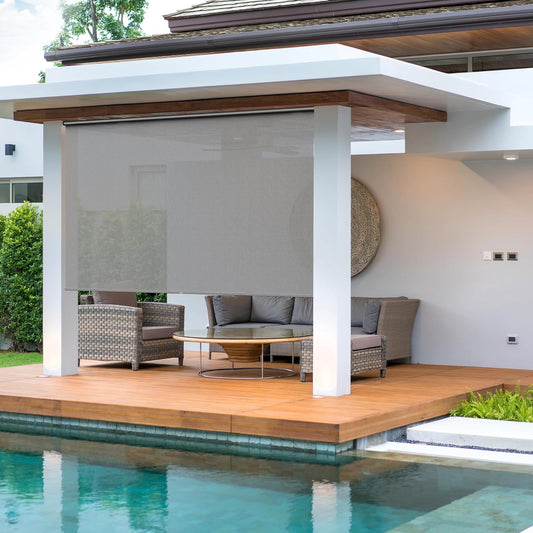 Royalcraft Cordless Outdoor Roller Sun Shade with Pole，8'Wx8'H 420GSM 95% Blockout Waterproof Outdoor Blinds Roll Up for Gazebo Porch, Deck, Pergola,Grey