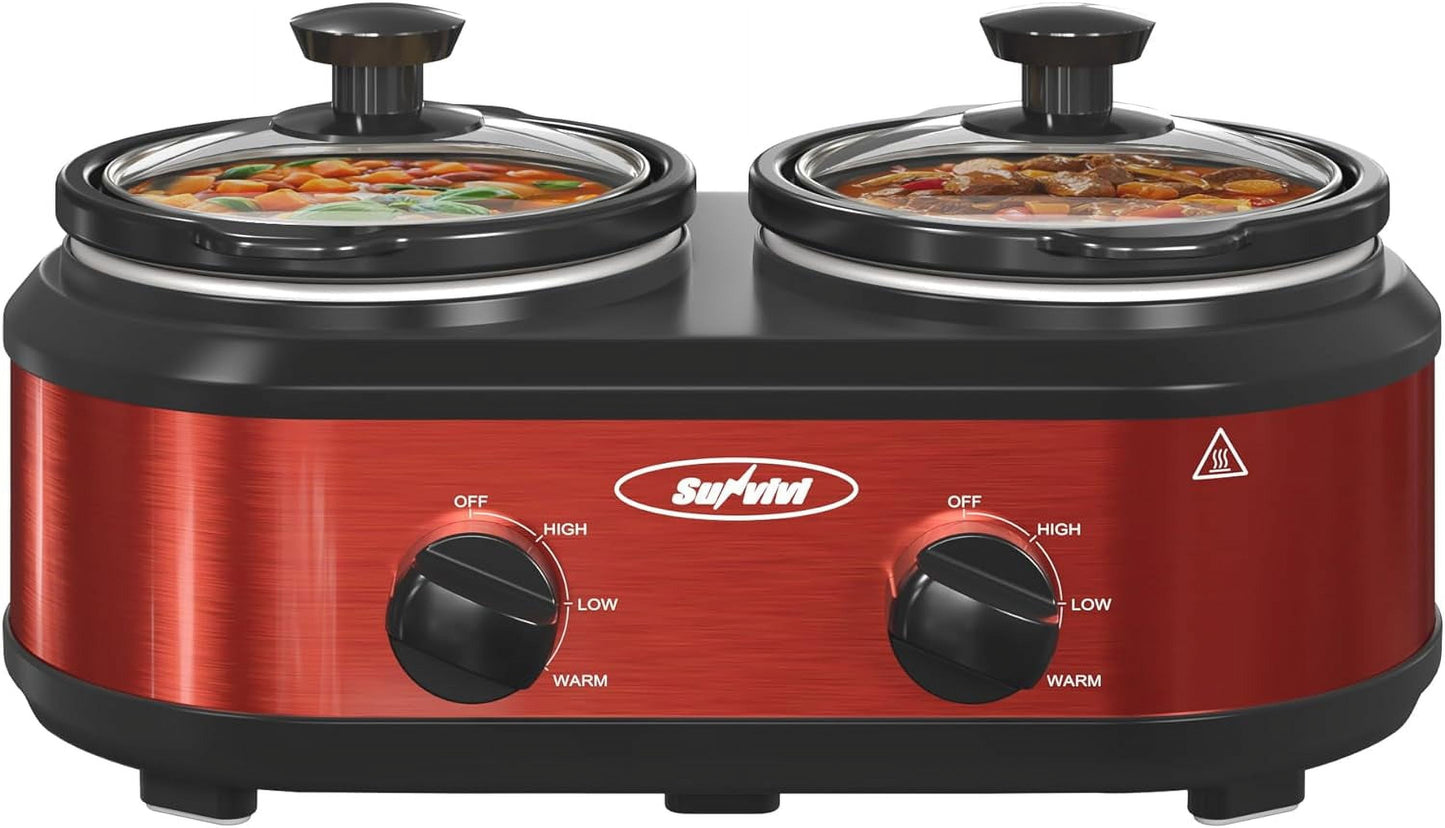 Royalcraft Double Slow Cooker, 2 Pot 1.25 Quart Oval Crock Food Warmer Buffet Server, Stainless Steel