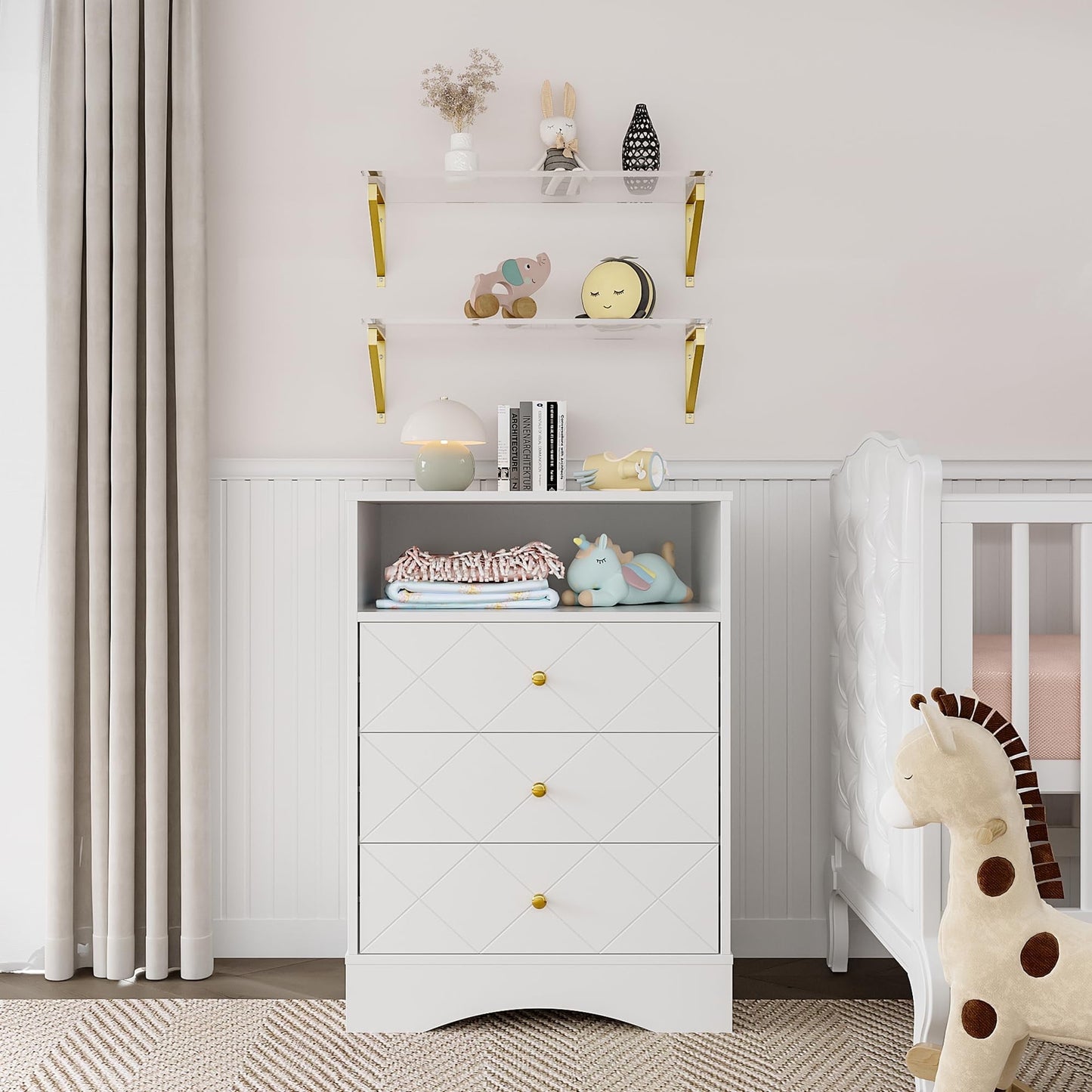 Royalcraft Dresser with Drawers & Floating Shelves, 3 Drawer Dresser with Open Storage & Painted Finish, Modern Storage Dresser for Bedroom, Closet, Hallway, White