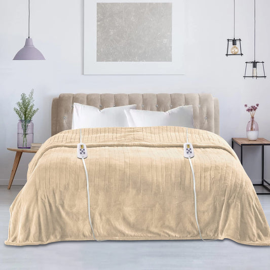 Royalcraft Electric Blanket Queen Size 84"x90" Flannel Heated Throw Blanket, Dual Controls Setting Electric Blanket, 10 Heating Levels, 12H Auto-off, 5 Years Warranty, Machine Washable - Beige