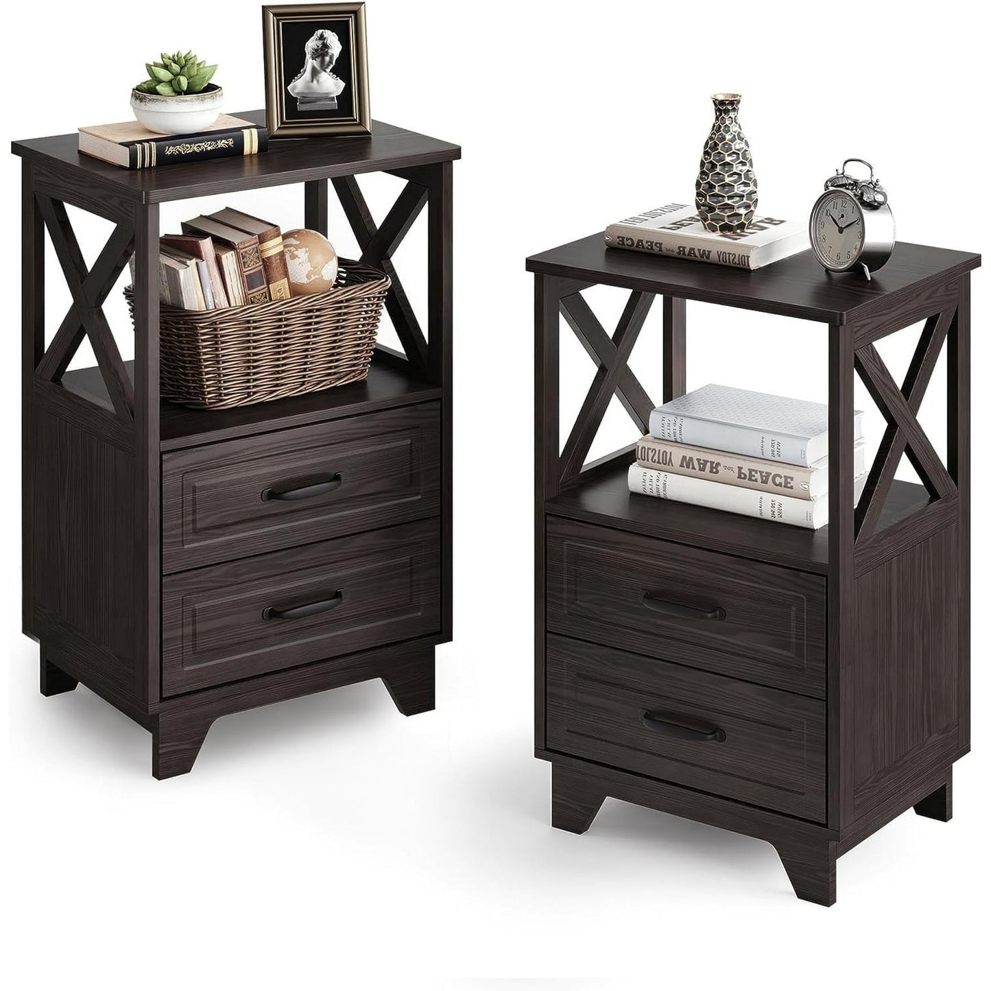 Royalcraft End Table, Side Table with X Shaped Design, Wooden Rustic End Table with 2 Large Storage Drawers and Large Open Shelf for Living Room