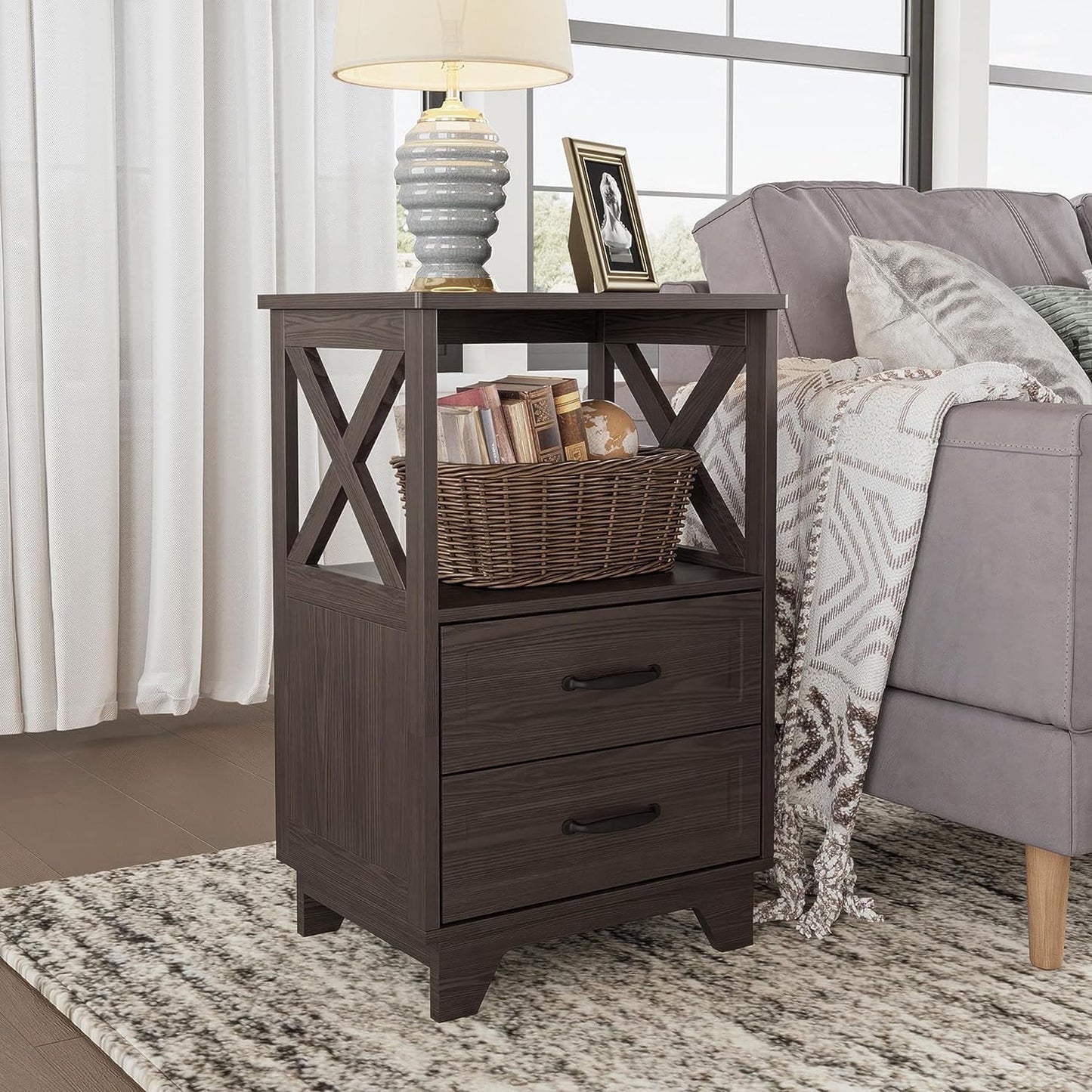 Royalcraft End Table, Side Table with X Shaped Design, Wooden Rustic End Table with 2 Large Storage Drawers and Large Open Shelf for Living Room