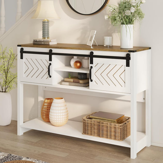 Royalcraft Entryway Table with Storage, 46" Modern Farmhouse Console Table with Sliding Barn Door, Wood Rustic Sofa Table with Adjustable Shelf for Hallway, Living Room, Foyer, White and Rustic Oak