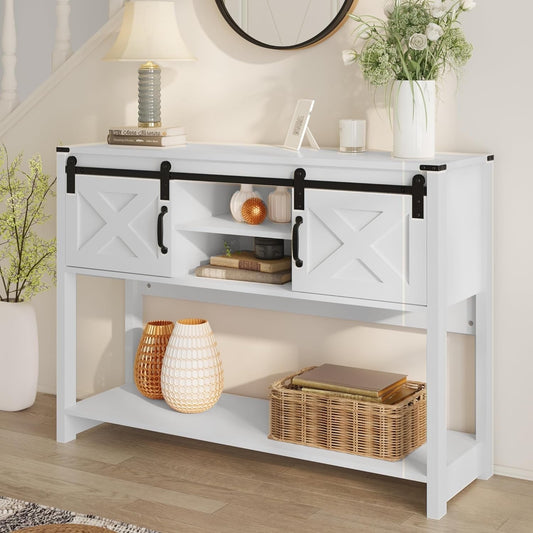 Royalcraft Entryway Table with Storage Cabinets, 46" Modern Farmhouse Console Table with Sliding Barn Door, Wood Rustic Sofa Table with Adjustable Shelf for Hallway, Living Room, Foyer, White