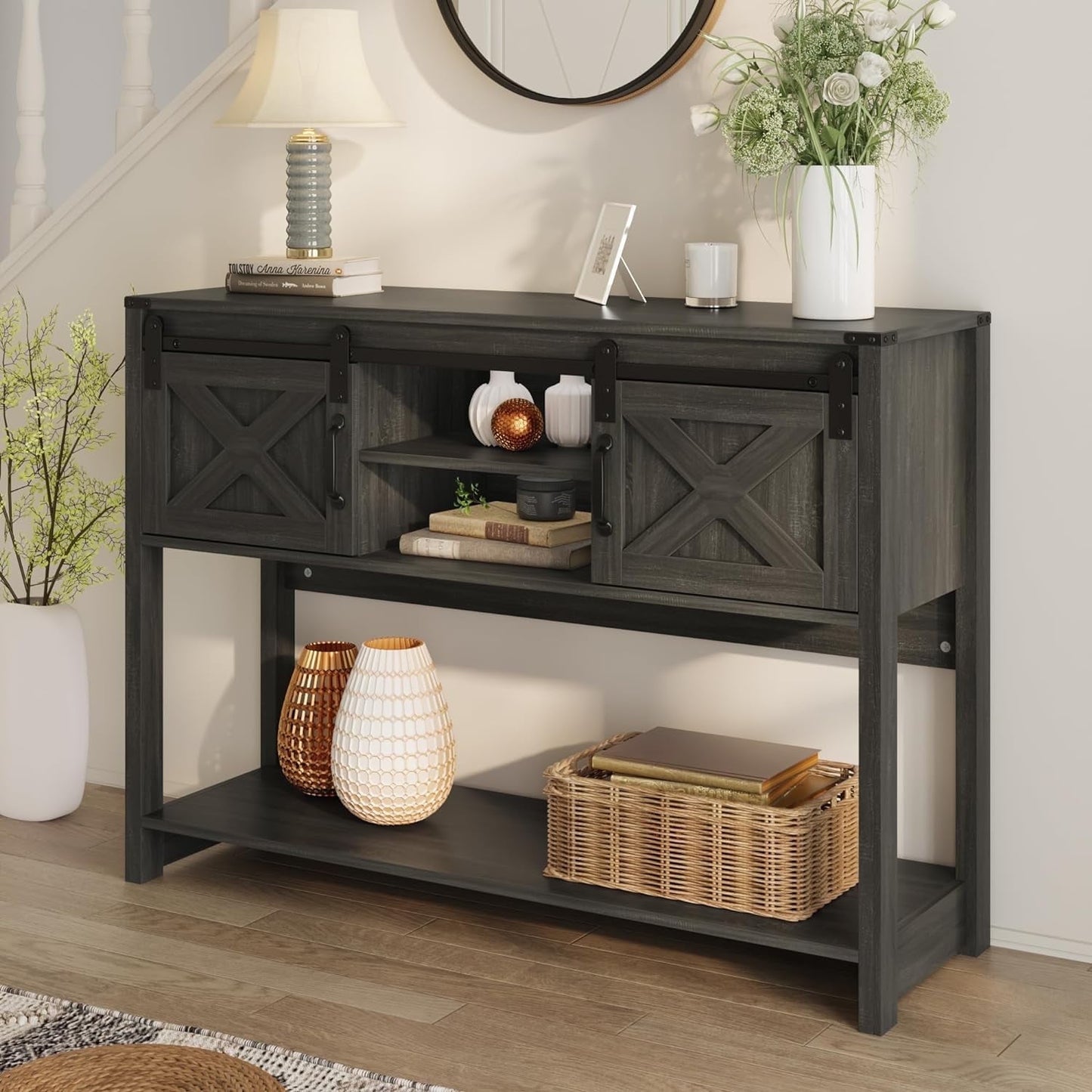 Royalcraft Entryway Table with Storage Cabinets, 46" Modern Farmhouse Console Table with Sliding Barn Door, Wood Rustic Sofa Table with Adjustable Shelf for Hallway, Living Room, Foyer,Dark Grey