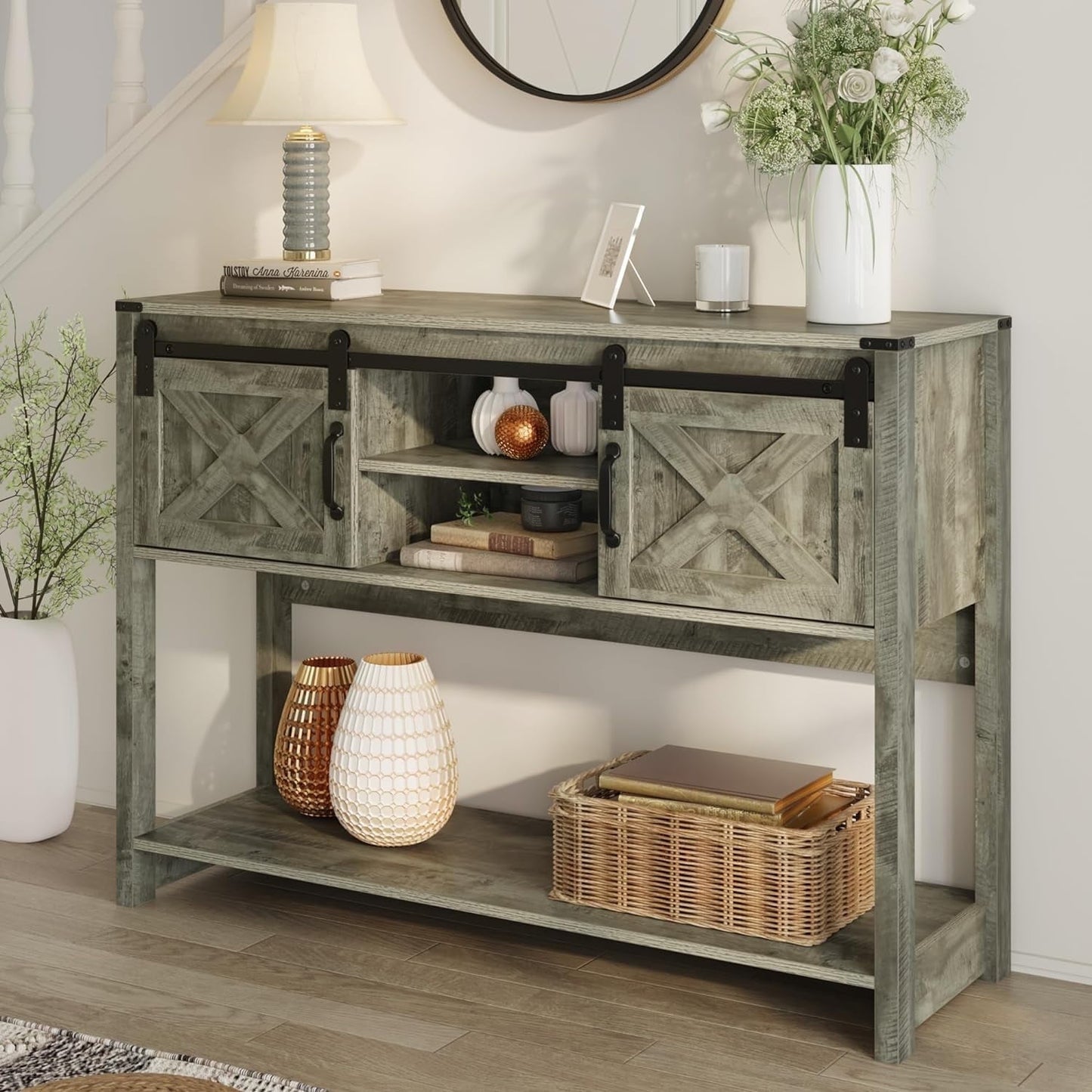 Royalcraft Entryway Table with Storage Cabinets, 46" Modern Farmhouse Console Table with Sliding Barn Door, Wood Rustic Sofa Table with Adjustable Shelf for Hallway, Living Room, Foyer, Light Grey