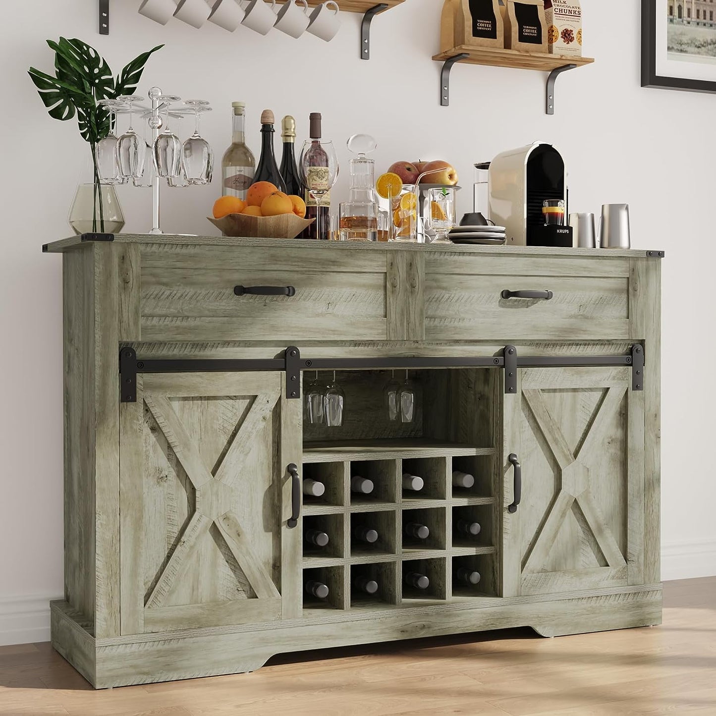 Royalcraft Farmhouse Coffee Bar Cabinet, 52" Wine Cabinet with Sliding Barn Door, Adjustable Shelves, and Steam Holder, Buffet Sideboard Cabinet for Dining Room, Living Room, White and Rustic Dark Oak