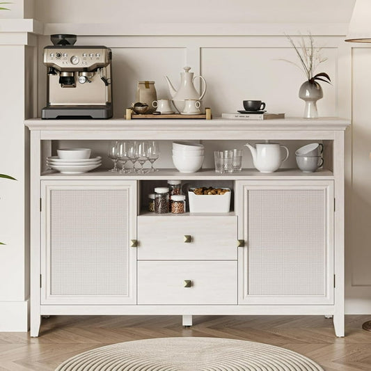 Royalcraft Farmhouse Rattan Storage Cabinet, Boho Sideboard Cabinet with Doors & Drawers, Buffet Cabinet with Adjustable Shelves, Accent Cabinet for Kitchen, Dining Room, Living Room, Grayish White