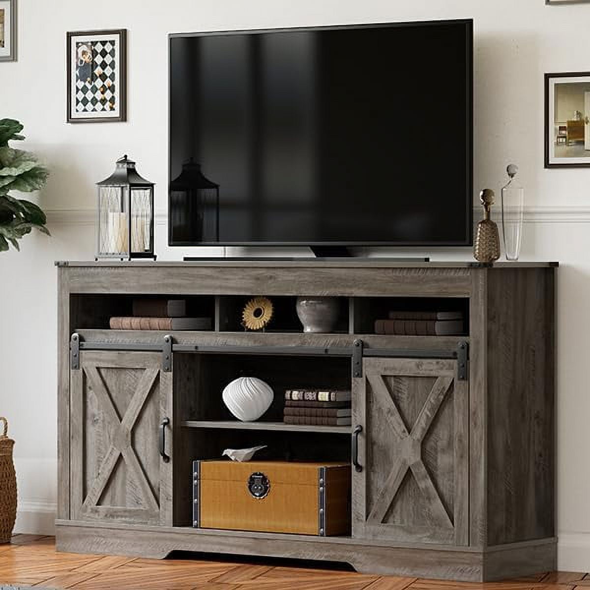 Royalcraft Farmhouse TV Stand for 65+ Inch TV, 34'' White Entertainment Center with Sliding Barn Doors,  Wood  Cabinet Television Stands- White