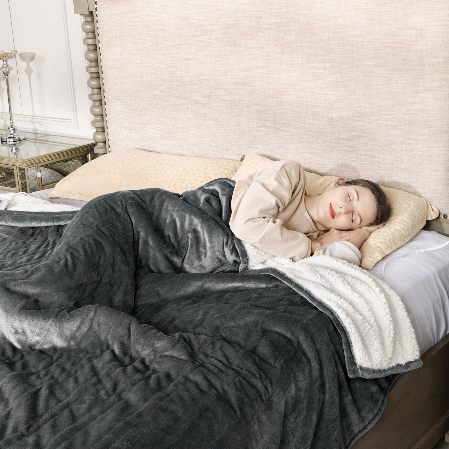 Royalcraft Heated Blanket Queen Size, Electric Throw Dual Control, 10 Heat Settings, 12 Hours Auto Off, Soft Flannel and Sherpa, Machine Washable, ETL Certified,Grey