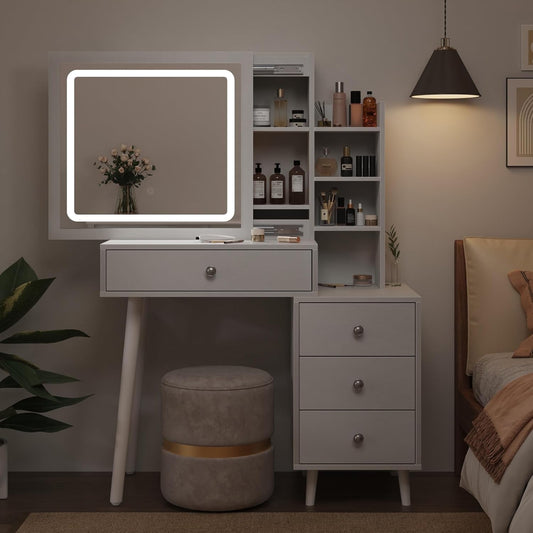 Royalcraft Makeup Vanity Table Set with Sliding Lighted Mirror, White Dressing Table with 3 Color Touch Light, Small Vanity Desk with 4 Drawer & Hidden Shelves for Women Girls