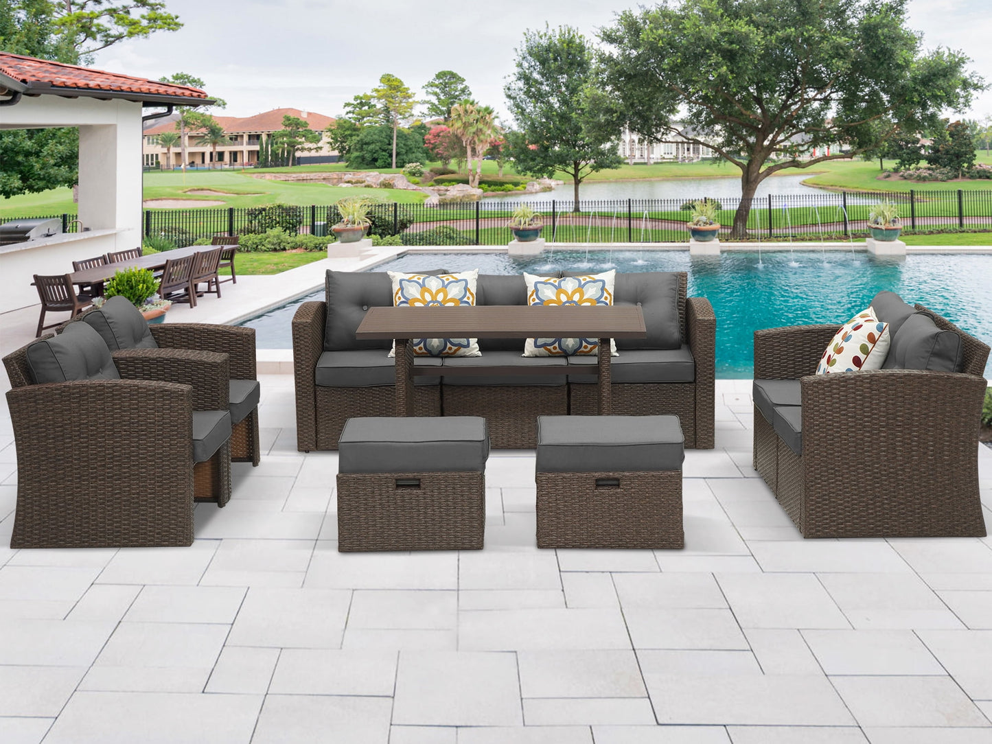 Royalcraft Outdoor Patio Furniture Set,10 Pieces Outdoor Sectional Wicker Sofa PE Rattan Conversation Sets with Dining Table,Aluminum Frame,Brown