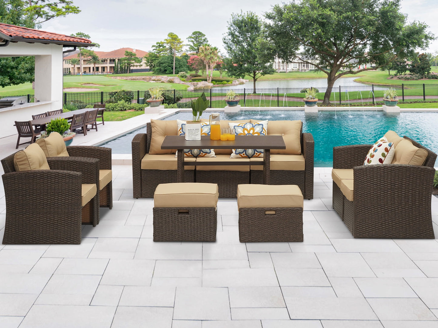Royalcraft Outdoor Patio Furniture Set,10 Pieces Outdoor Sectional Wicker Sofa PE Rattan Conversation Sets with Dining Table,Aluminum Frame,Brown