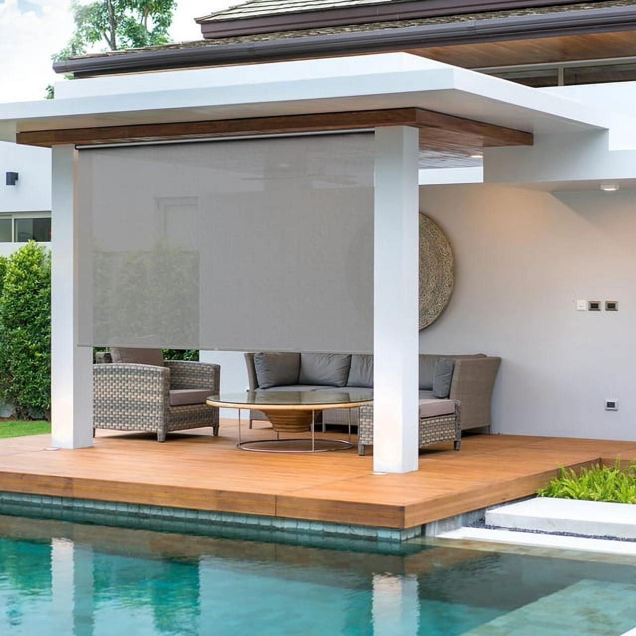 Royalcraft Outdoor Roller Shade 6'Wx6'H Biege 420GSM Cordless Patio Roller Blinds Shades with Pole, Waterproof Outdoor Blinds Roll Up for Gazebo Porch, Deck, Pergola