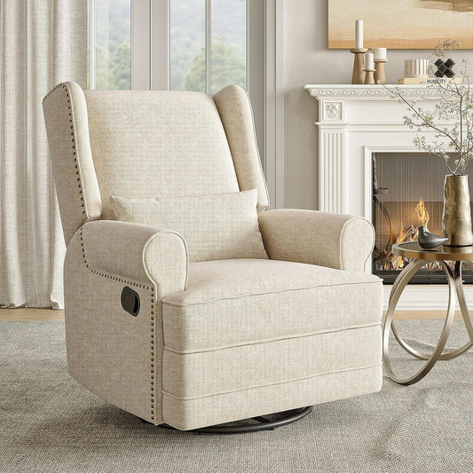 Royalcraft Swivel Nursery Glider Recliner, Comfy Upholstered Glider Chair with Lumbar Pillow and Footrest